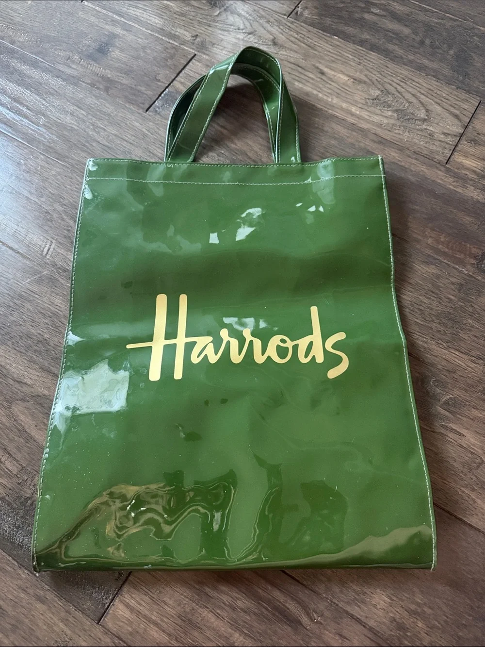 Harrods Green Glossy Tote with Gold Script